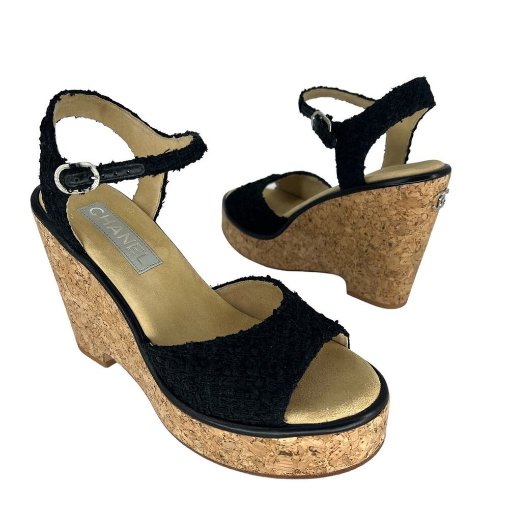 CHANEL Black and Gold Wedge Sandals - Picture 3 of 16